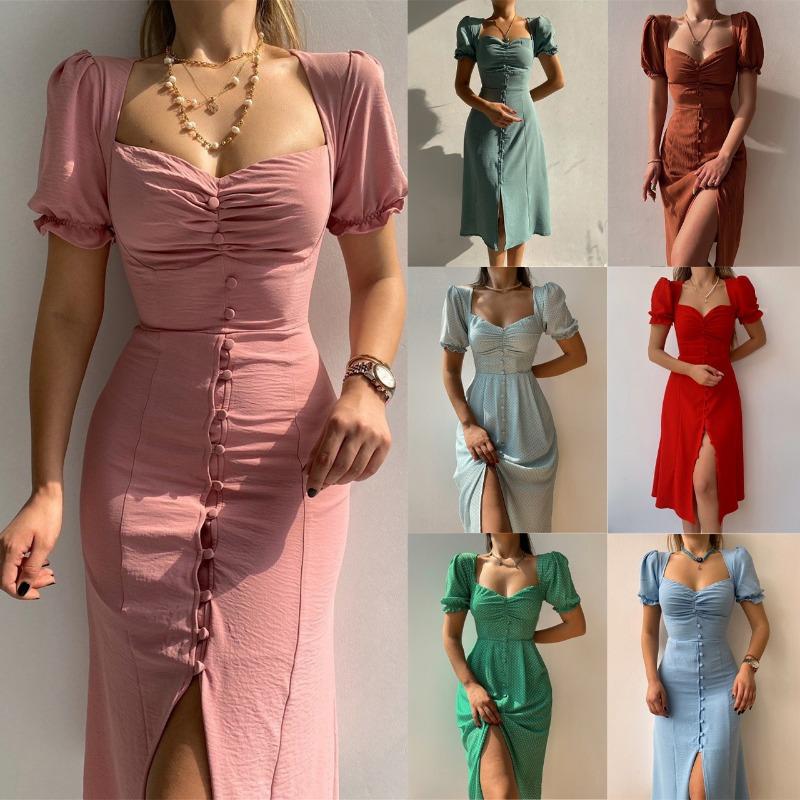 Women's Spring and Summer V-neck Single Breasted Temperament In The Long Dress