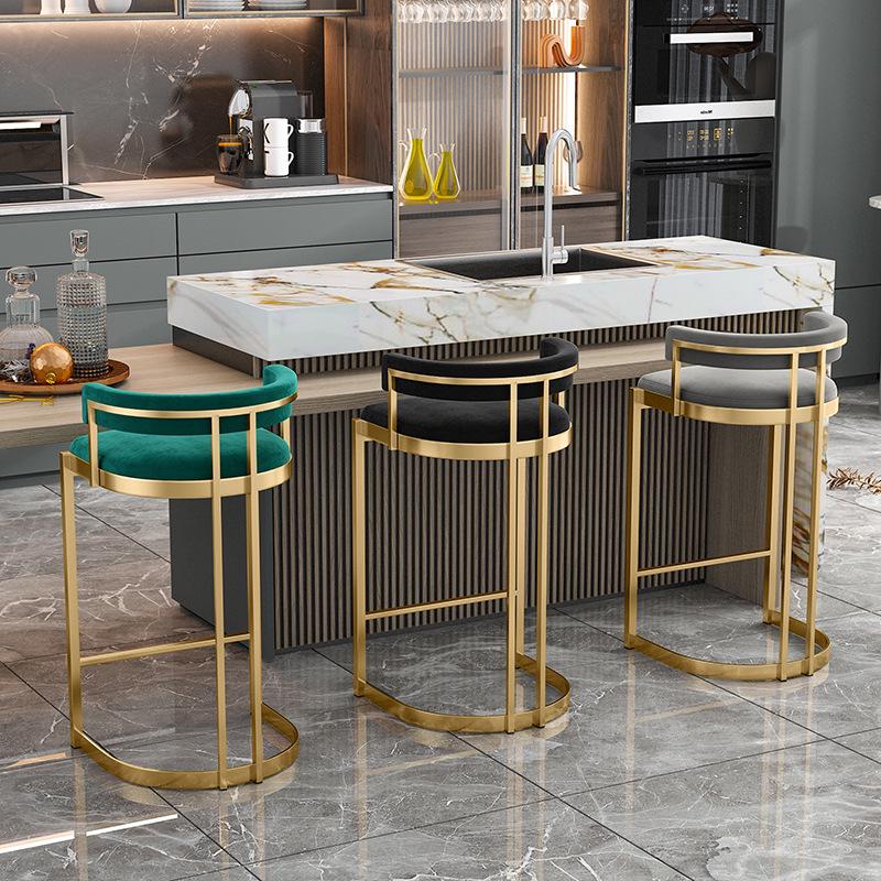 Nordic Light Luxury Modern Minimalist Bar Stool with Backrest for Coffee Shop or Home Island. 65cm Height, Dark Green Velvet