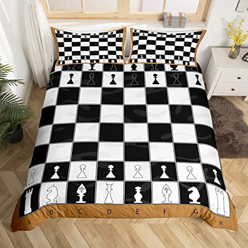 International Chess Duvet Cover Set Black White Lattice Checkerboard Comforter Cover Competition Game for Kids Teens Bedding Set