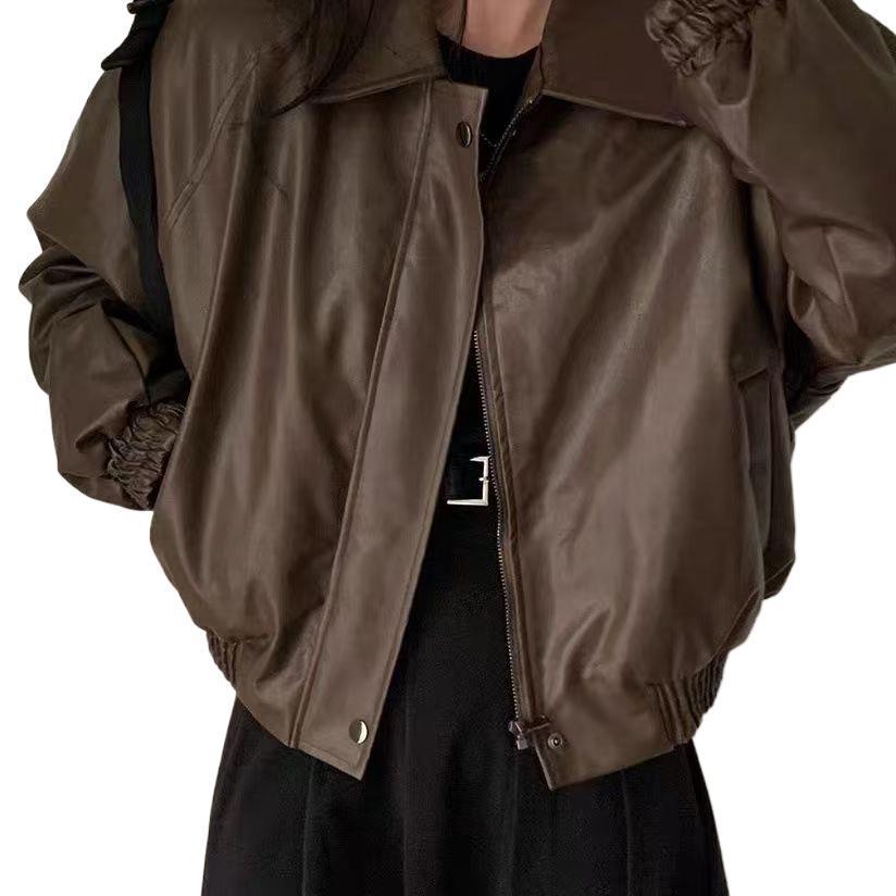 Women's Korean Style PU Leather Plush-Lined Jacket, Loose Fit, Thickened for 2025 Autumn/Winter, Petite Short Design