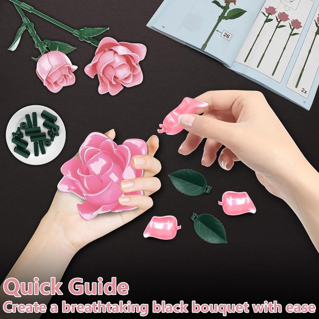 Pink Roses Bouquet Building Set, Artificial Flowers Botanical Collection Blocks Kit DIY Fake Roses for Adults Women Valentines & Mother's Day