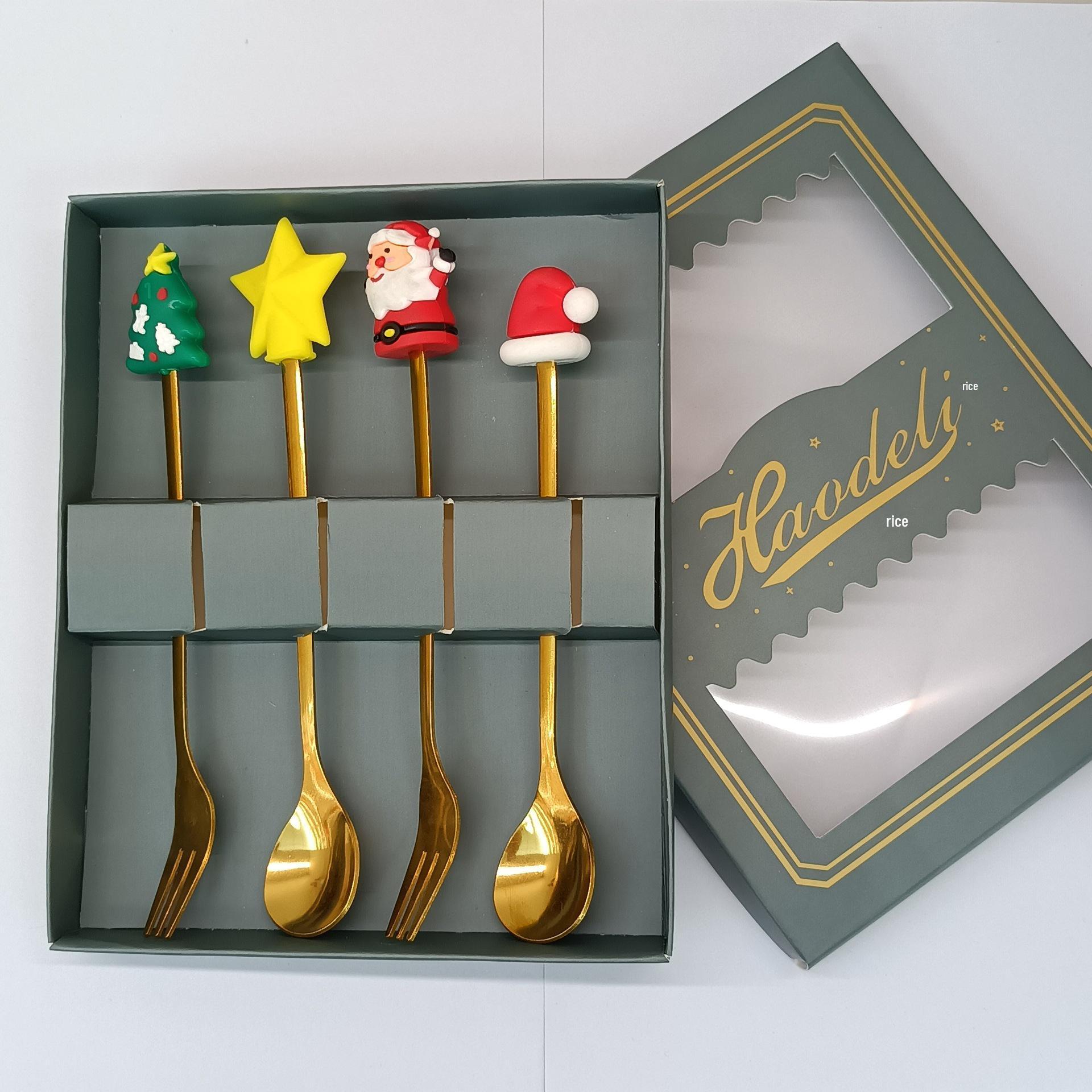 

Креативный мультяшный набор ложек и вилок из нержавеющей стали: Палочка для кофе, Фруктовая вилка, Рождественский подарок