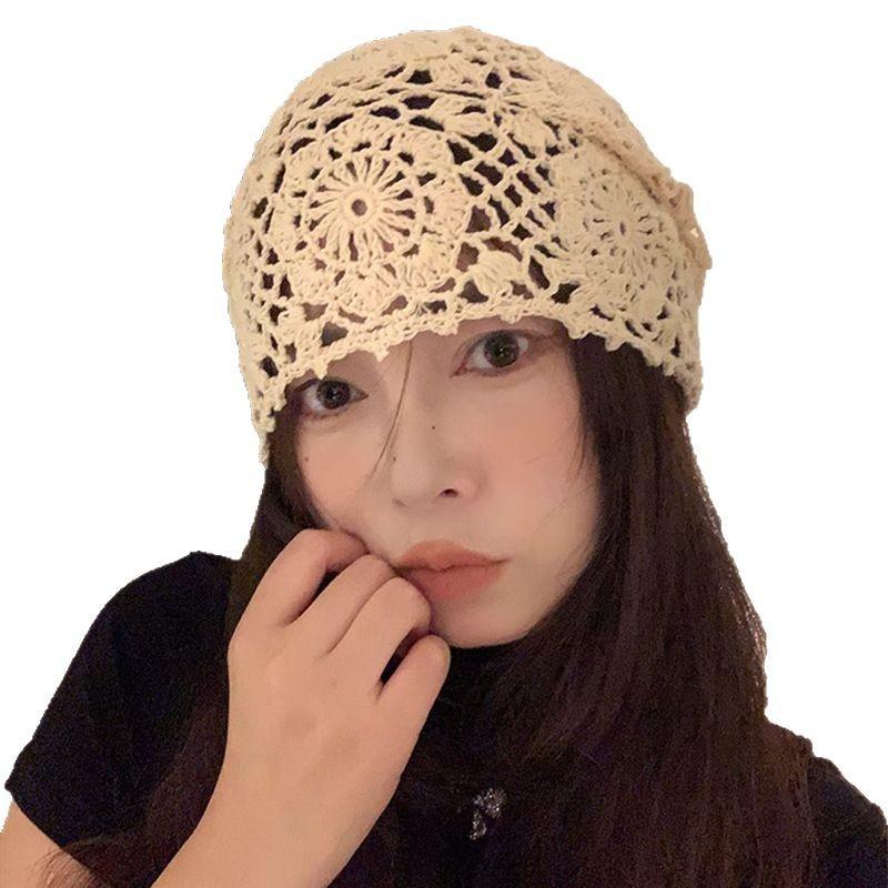 Retro Versatile Hook Flower Hat Japanese Hand-knitted Hollow Head Hat Women's Face Small Flowers Knitted Pile Hat