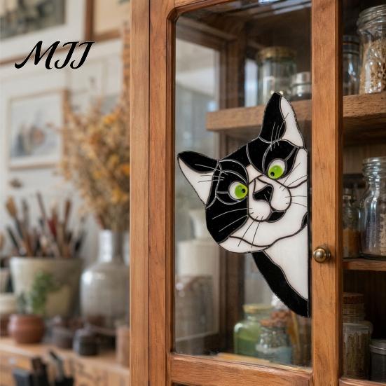 Sunlight Catching Cat Sticker Stained Glass Window Cling, Vintage Colorful Kitty Decal, Removable Static Cling for Door Wall Car, UV-Resistant