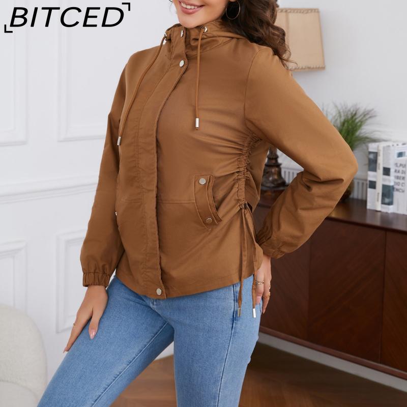 BITCED Spring/Autumn Casual Trench Coat for Women Loose-Fit Windproof Jacket with Hood Long-Sleeved Windbreaker