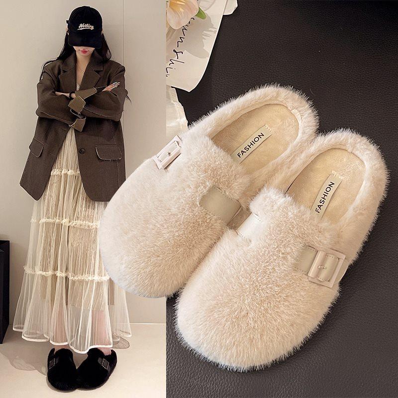 One Pedal Velvet Autumn and Winter 2025 Flat-bottomed Fluffy Slippers for Women To Wear the New Giant Mary Jane Cotton Drag French Style Looks Good
