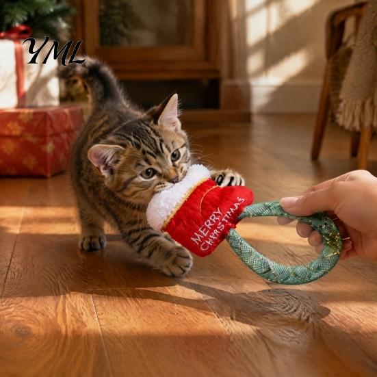 Cat Chew Toys for Teeth Cleaning Christmas Catnip Toy Indoor Cats, Stuffed with Mesh Natural Filled Tube, Interactive Flexible Tube Bell Kittens