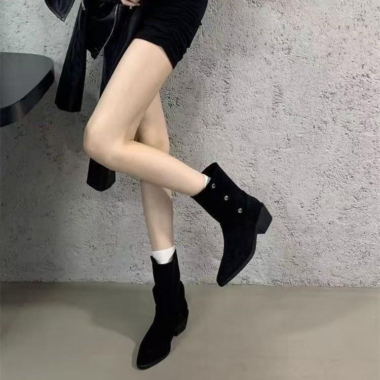 Frosted Cowhide Round Head Thick Heel Short Boots Brown Western Boots 2025 New Women's Boots Simple Fashion Middle Heel Boots Leather Boots