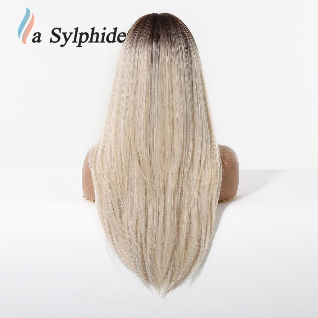 Women's Long Layered Curly Wig with Straight Bangs, Brown Highlights, Full Head Cover, Machine-Made with Chemical Fiber Rose Net, 2026 Hot Style.