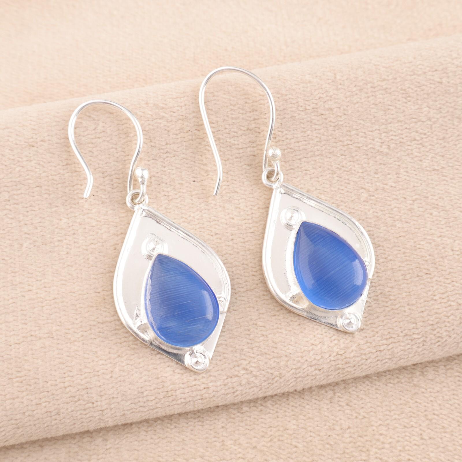 

Dark Blue Cat s Eye Gemstone 925 Sterling Silver Jewelry Handmade Earrings 1.90 EE-35-42