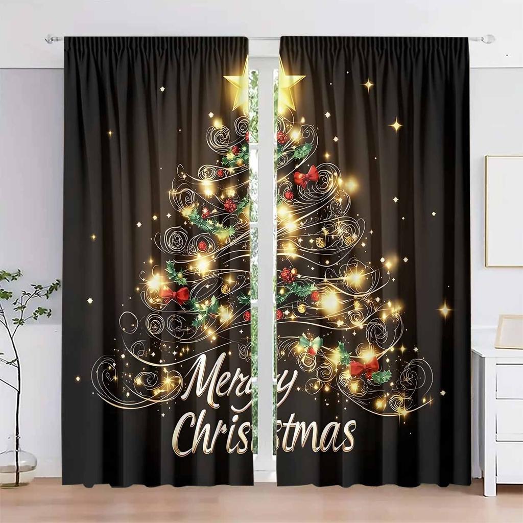 Christmas Tree Blackout Curtains 2pcs   Merry Print Light Filtering Rod Pocket Fade Resistant Machine Washable for Home Decor