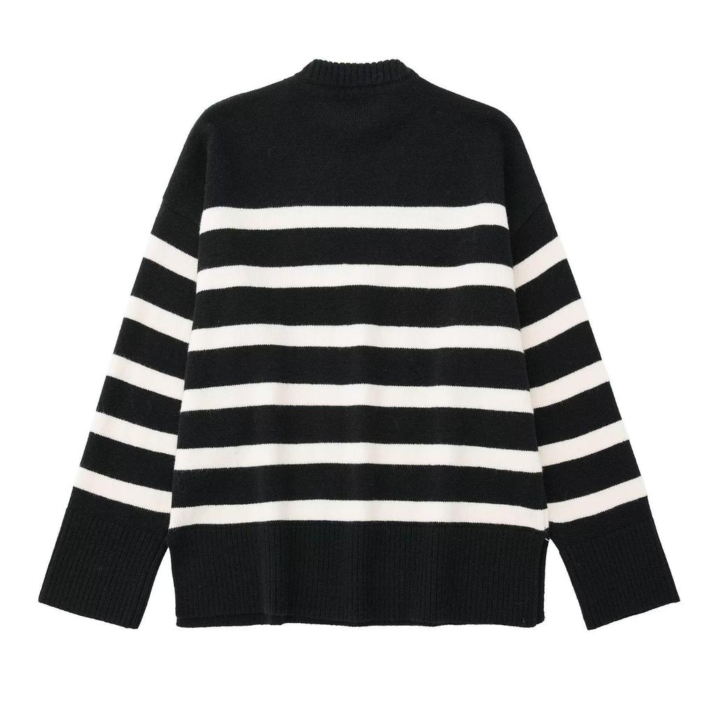 European Autumn 2023 Women's Striped Round Neck Knit Sweater