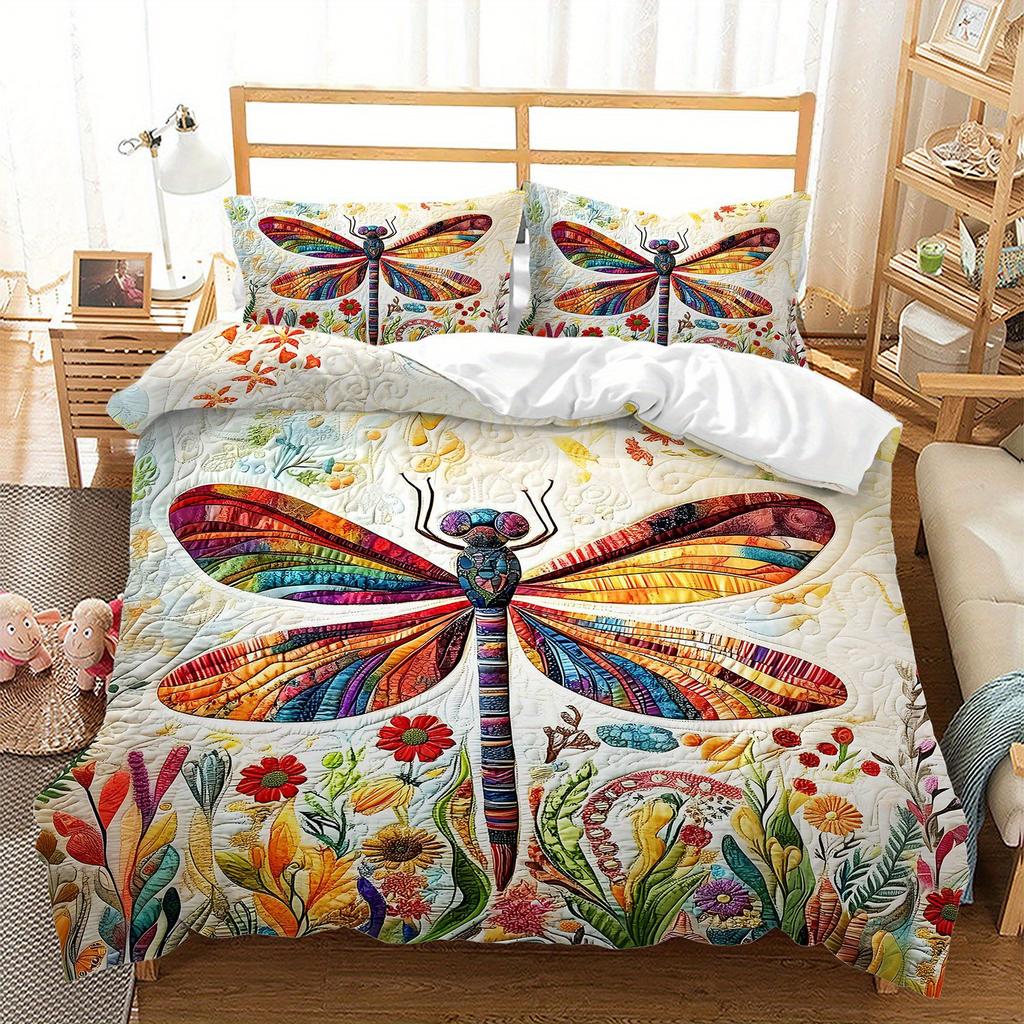 3pcs Bohemian Dragonfly Bedding Duvet Cover Set Dragonfly Bedding Quilt Set Floral Themed Bed Quilt Set Rainbow Dragonfly