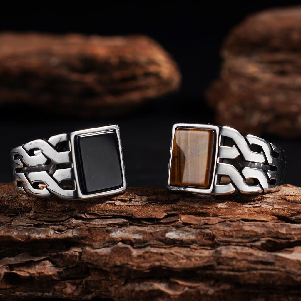 1pc Men's Vintage 316L Stainless Steel Ring with Natural Tiger's Eye Stone Turquoise- Intricate Detailing, Unisex Jewelry