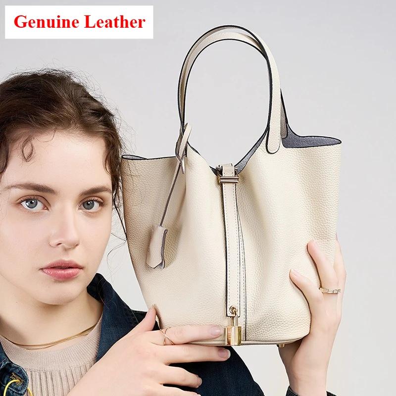 Luxury Brand Genuine Leather Shoulder Bucket Bag Women Litchi Pattern Mini Basket Tote Soft Handbag Mommy Bride Wedding Bags with Lock