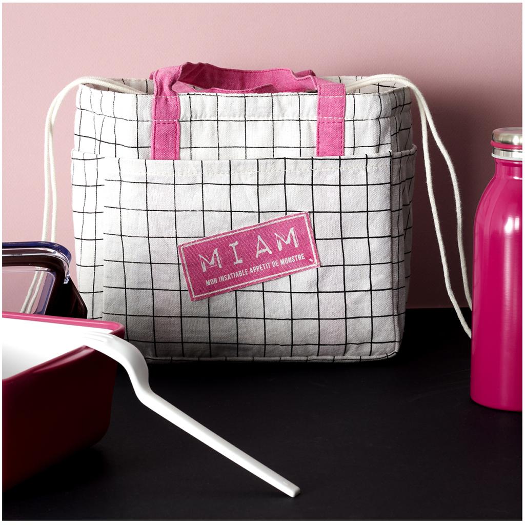 Les Trésors De Lily [A2296] - Sac repas fraicheur coton 'Miam' rose blanc - 22x19x12 cm