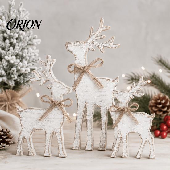 Christmas Elk Tabletop Decor 3Pcs/Set Wooden Table Sign, Rustic Reindeer Family Decoration, Decorative Sign Jute Rope Bow Centerpiece for Xmas Holiday