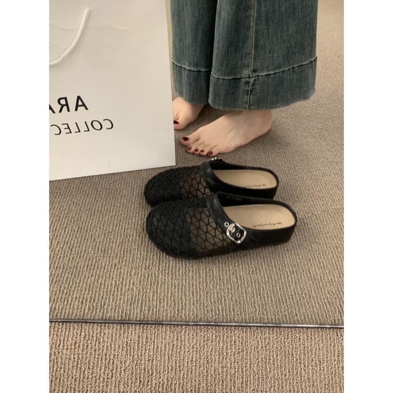 Niche hollow breathable mesh yarn bag head half slippers women summer wear a pedal thick bottom fishing net