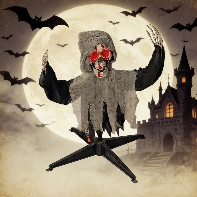 Animierter sprechender leuchtender Totenkopf Gartenspieß Automatisches Schwingen Halloween-Skelette Requisiten für Halloween-Dekorationen Mit realistischen Schwingbewegungen