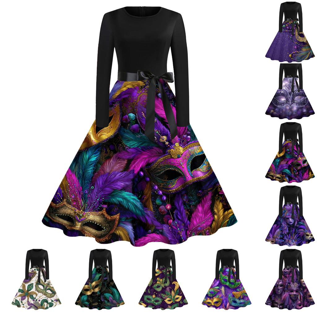 Damen Casual Mode Rundhals Karneval Bedrucktes Vintage Kleid