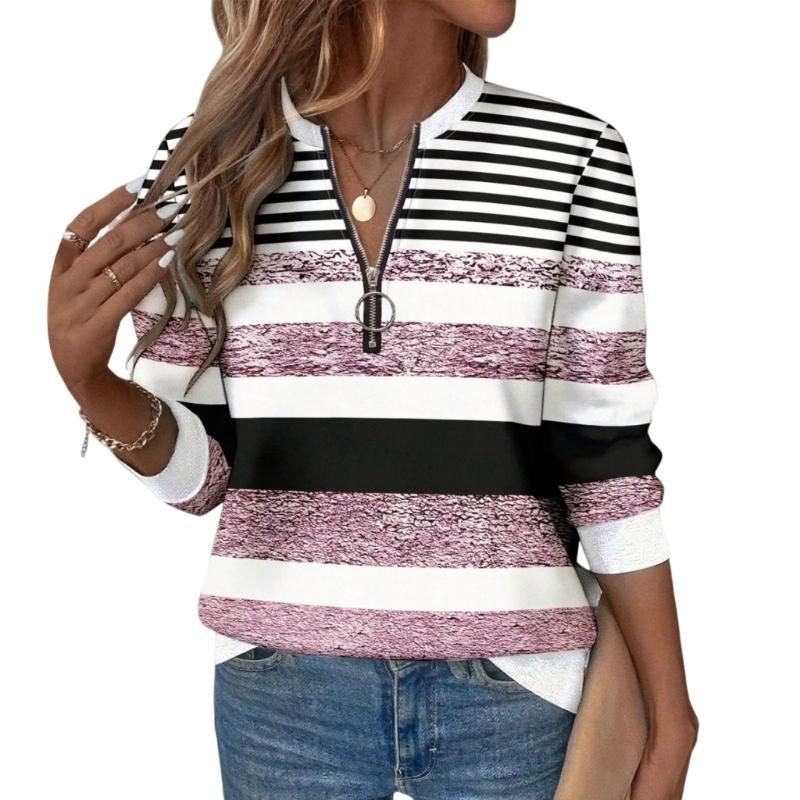 Women's color-blocked striped print shirt, half-zip, round neck, long-sleeved casual pullover top with waist belt