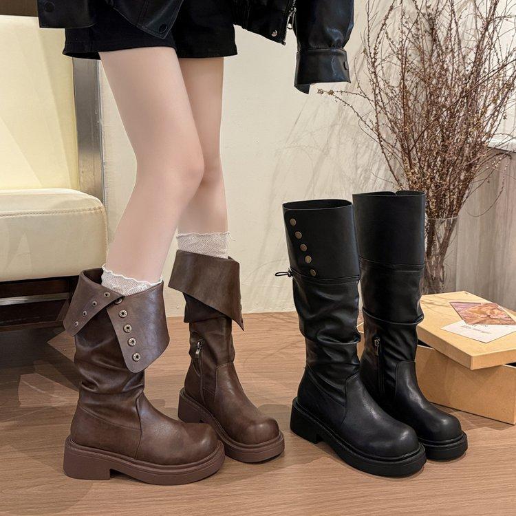 Cowhide version! Pleated stacking boots can be folded in two, brown boots, thick heels and thick soles, but knee knight boots.