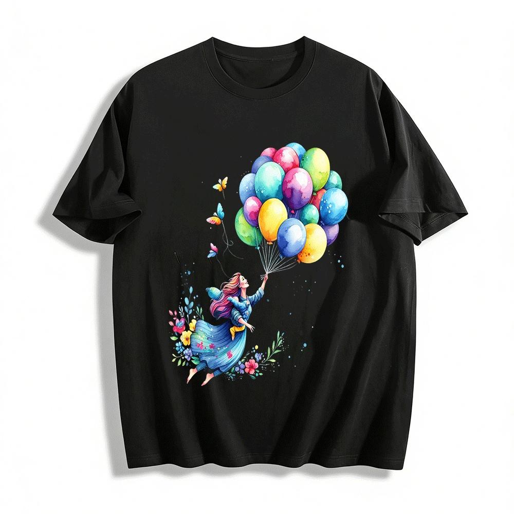 

Watercolor Print Top With Girl & Colorful Balloons Casual Long Sleeve Pure cotton T-shirt XXS