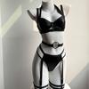 European-American Sexy Strappy Motorcycle Outfit with PU Leather Waist Belt and Leg Rings Lingerie Set.
