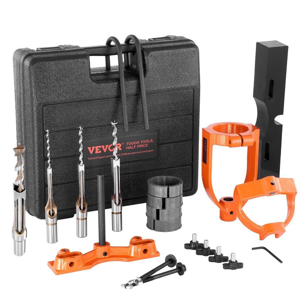Mortising Attachment for Drill Press, 4 Model Drills Square Hole Chisel Set, Bench Drill Locator Set Mortise and Tenon Tools with 5 Bushings, for