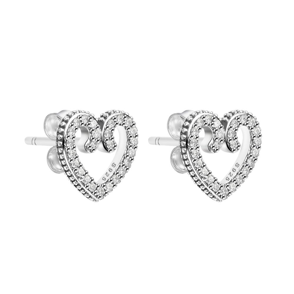 925 Sterling Silver Jewelry Clear CZ Heart Swirls Stud Earrings for Women Silver S925 Earings Pendientes Mujer
