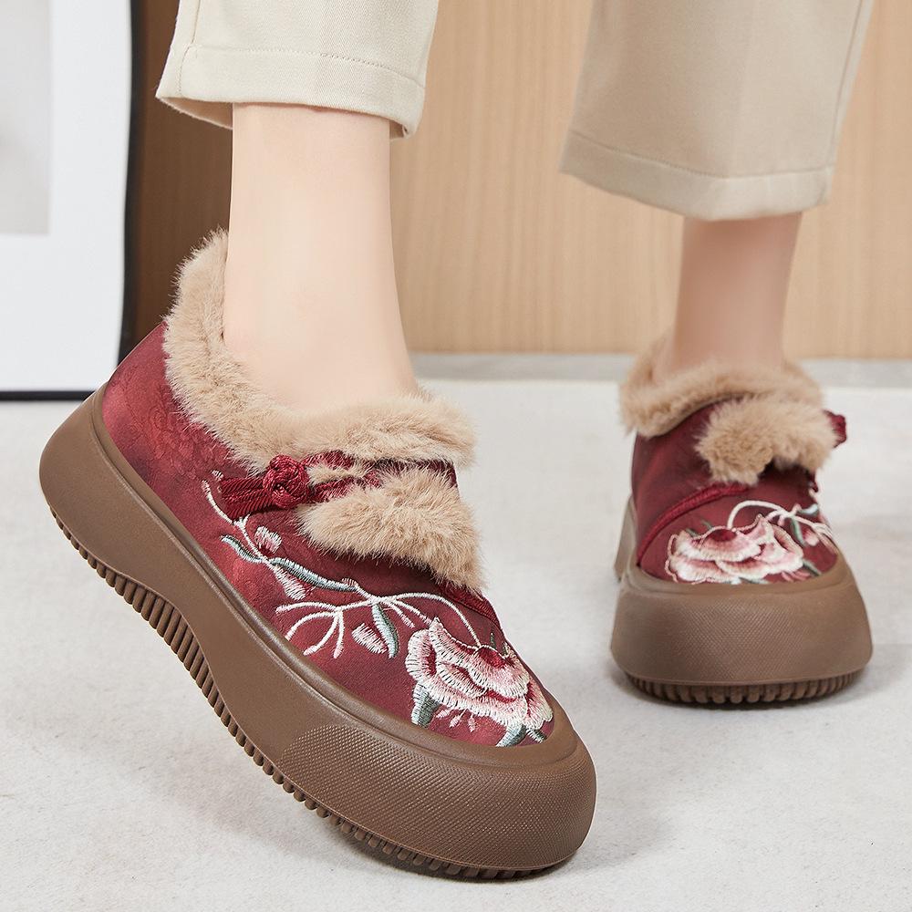 Women's Embroidered Winter Fur Boots: Cotton, Polyurethane, Velvet-Lined, Thick Sole, Height-Boosting.