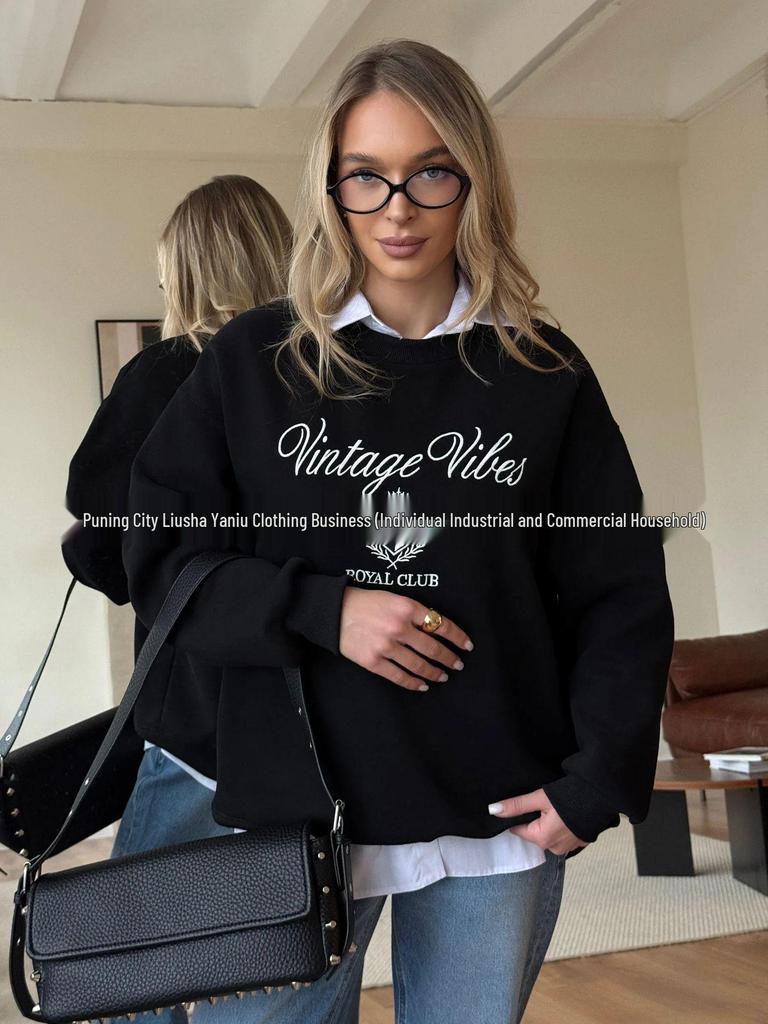 Trendy Oversized Thickened Round Neck Hoodie with Stylish Print for Autumn and Winter