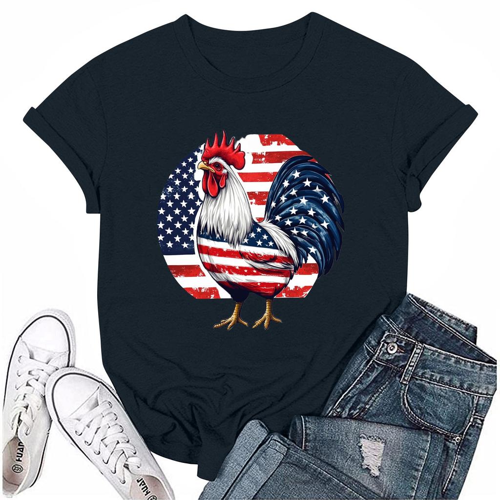 חולצת טי שירט קז'ואל לנשים עם צווארון עגול ושרוולים קצרים מודפסת ליום העצמאות