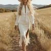 White Long Sleeve Slit Front Fringe Trim Dress with Zipper Detail