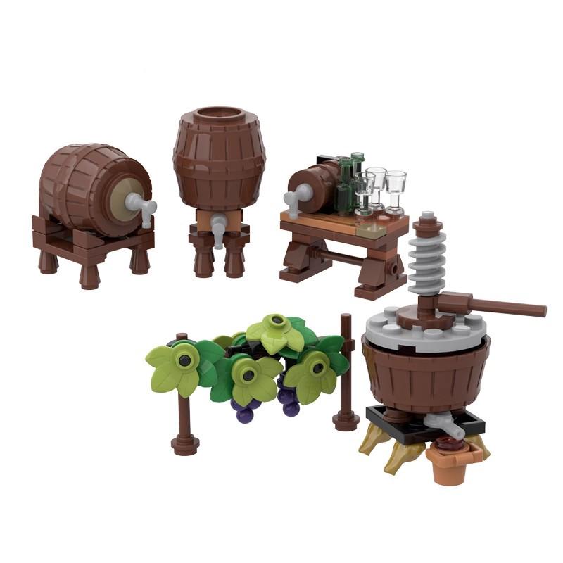 MOC Medieval Winepress Building Blocks Kit Cask Wine Cellar Grape Trellis Bricks Assemble Toys Kids Gift