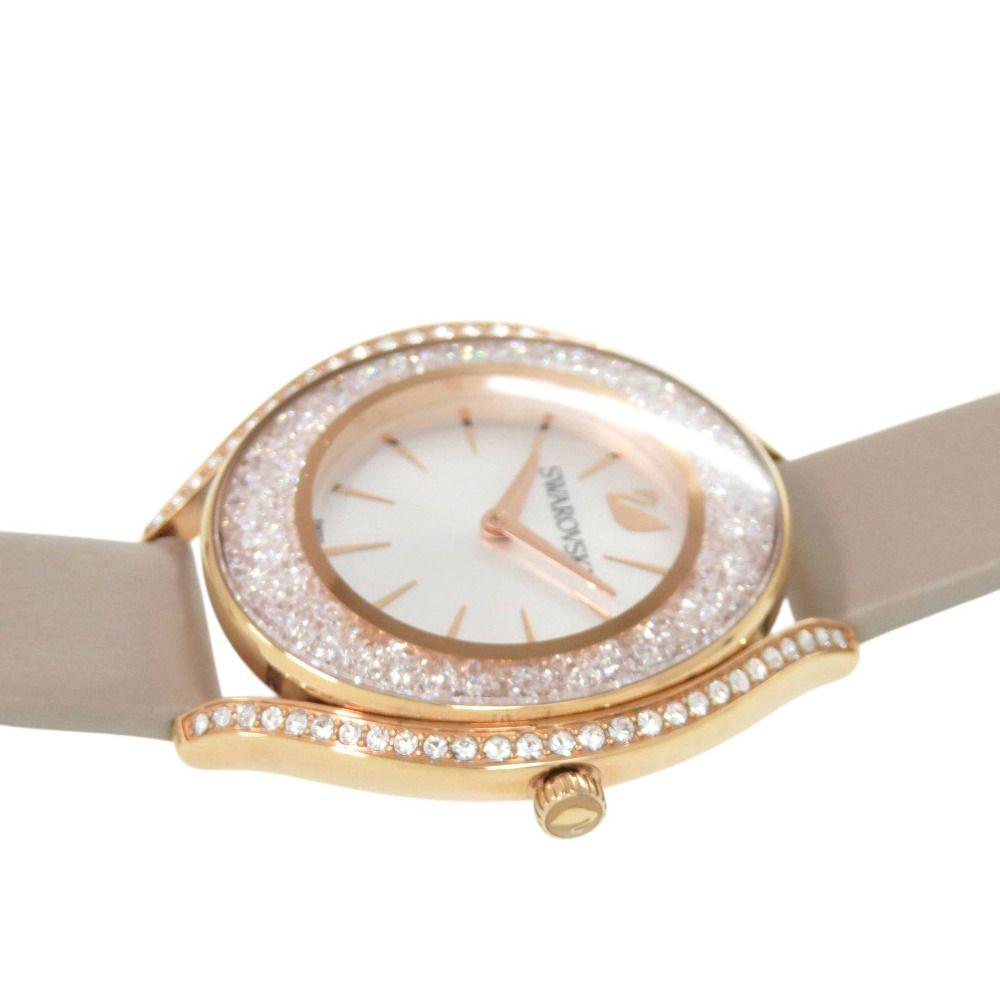 Used Like new Swarovski Crystal Line Aura SS Leather White Quartz Watch 0609 SWAROVSKI