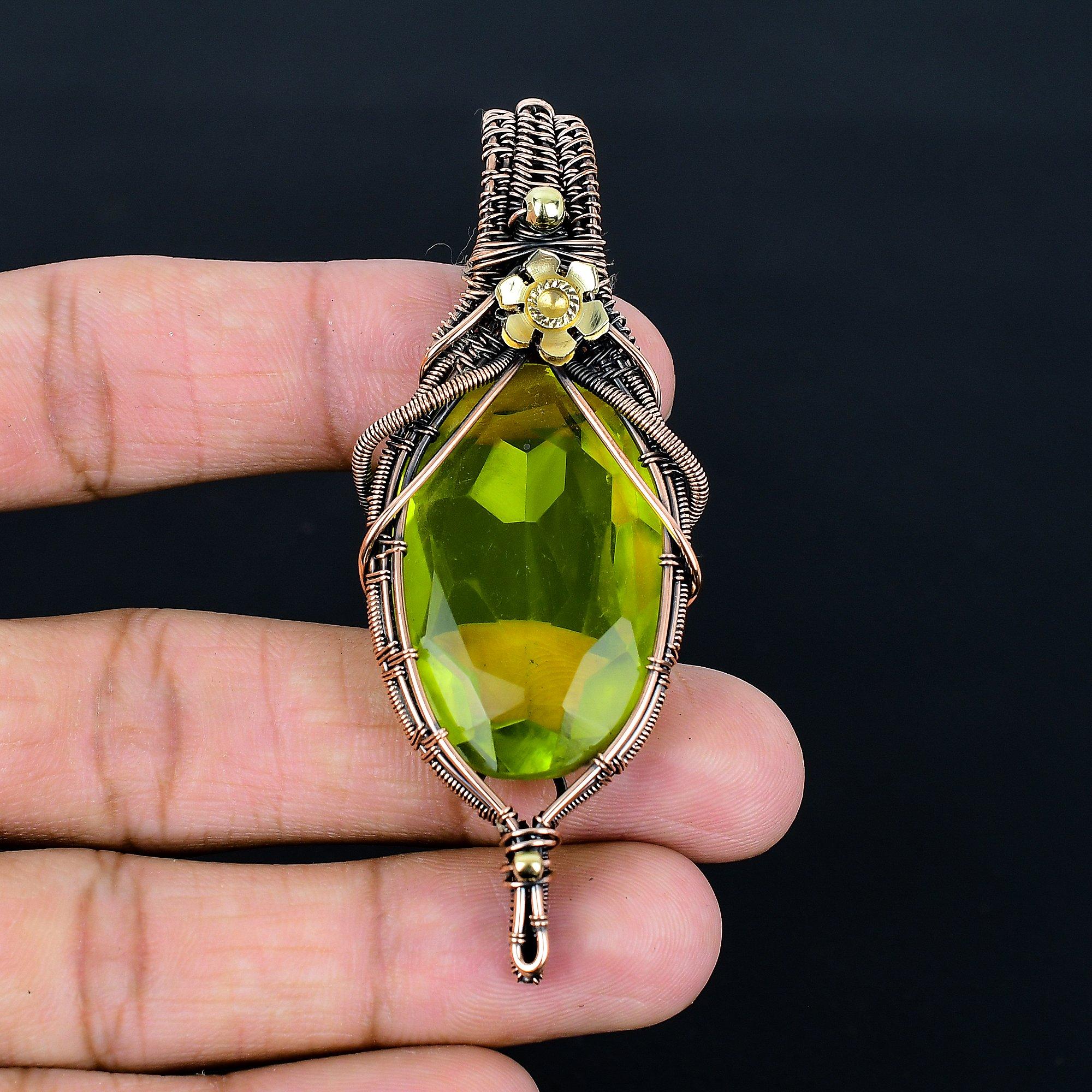 

Дизайнерский кулон с лимонным топазом, кулон, обернутый медной проволокой 999 пробы, кулон ручной работы ко Дню памяти 2.55 Inches