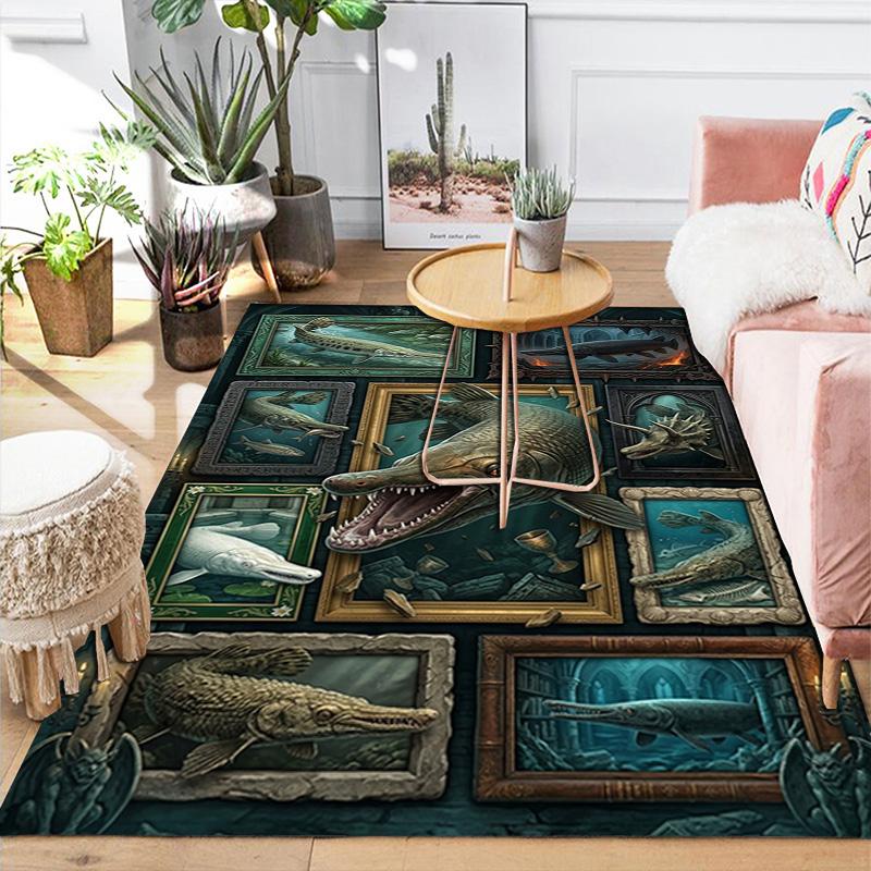 Prehistoric Fish Gallery Pattern Rug Floor Mat for Living Room or Bedroom Soft and Comfortable Carpet a Gift for Birthday and Holiday.