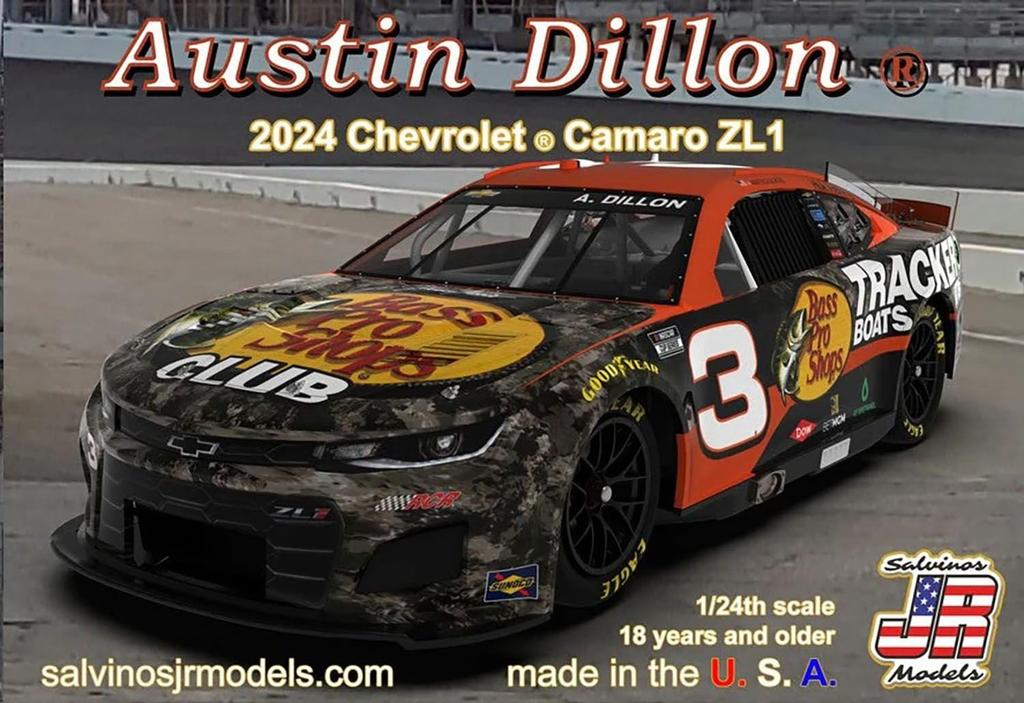 Salvinos Jr. Models 1/24 Scale 2024 Chevrolet Camaro ZL1 Richard Childress Racing Austin Dillon No. 3 Bass Pro Shops Plastic Model Kit SJMRCC2024ADP