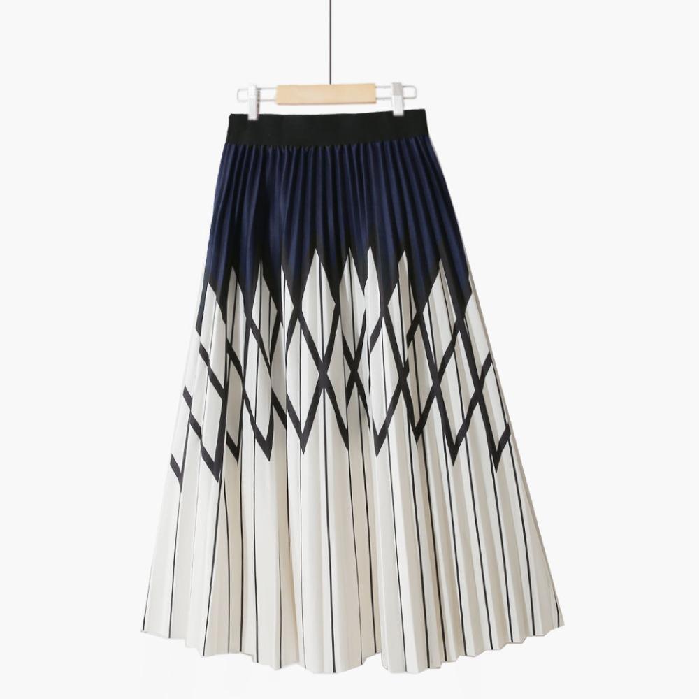 

DX~~Плиссированная юбка средней длины с геометрическим узором для женщин, весенне-летняя новая контрастная юбка-зонтик с высокой талией и юбкой с большим подолом One size
