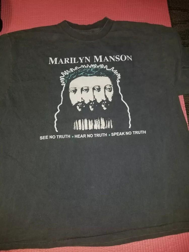 Camiseta Unisex Negra Desgastada Inspirada en Marilyn Manson Era Believe de los 90 Tallas S-4XL