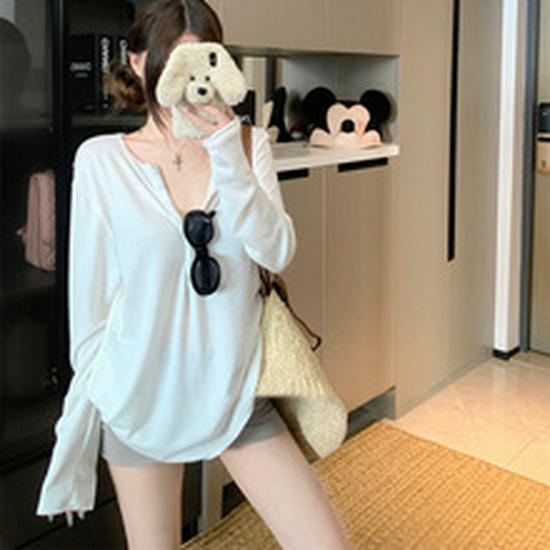 Women's White V-Neck Long Sleeve Loose Fit Mid-Length Shirt - Autumn Winter Layering Top