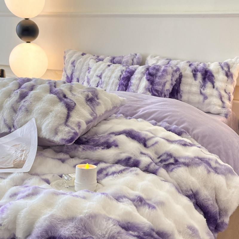 Rabbit Fleece Four-Piece Light Luxury Thickened Milk Fleece Bed Warm Double-Sided Fleece Quilt Cover Mattress Model