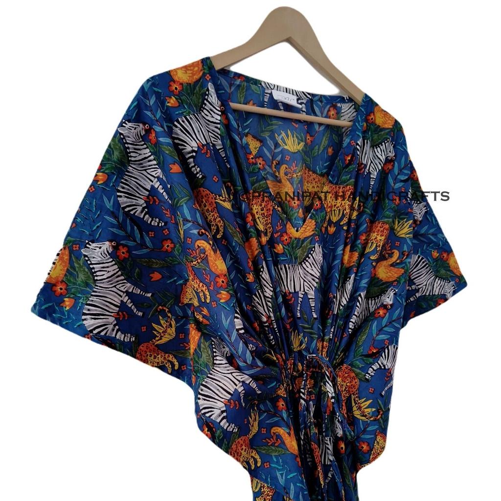 Women Cotton Blue Summer Sleepwear Beach Cover Jungle Print Hippie Caftan Dress CKFTN-SCRN-FULL-BUYIT-177