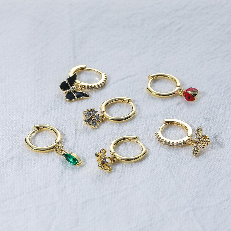 ANENJERY Ensemble de boucles d'oreilles en Zircon pour femmes, 6 pièces/ensemble, insecte, fleur, papillon, bijoux créatifs brillants
