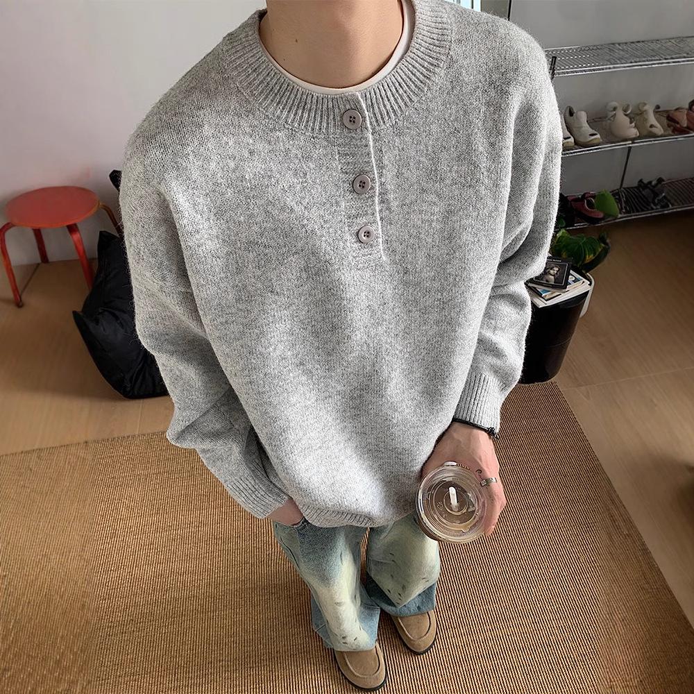Men s Gray Retro Henley Collar Sweater - Autumn/Winter High-End Lazy Style Knit Cleanfit Jacket Extra Large (XL)