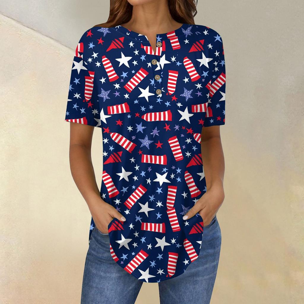 Short Sleeve Womens Tops Summer T-Shirts Print V Neck Casual Basic Tee Button Shirts Tunic Tops Independence Day
