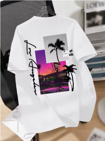 Sunset City Palm Tree Pattern Printed Men's Breathable Cotton Unisex T-Shirt for Summer - Streetwear Style for Men and Women.