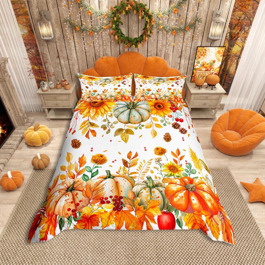 Homewish Rustic Flower Maples Duvet Cover SetAutumn Harvest Pumpkin Comforter Cover SetBrown Pine Cone Bed Set For Girls