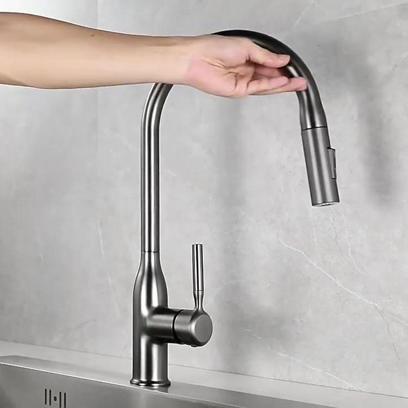 Pistoletowy Szary Wysuwany Kran do Zlewu Kuchennego Podwójna Woda Zlewozmywak Kran 360° Obrót Wysuwany Sprężyna Kran do Zlewu Kuchennego